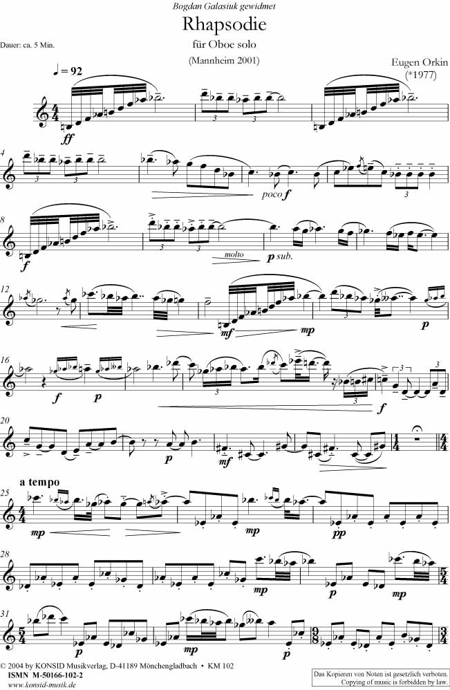 Orkin - Rhapsodie für Oboe solo